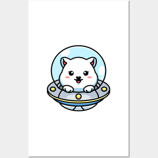 Cute polar bear flying with spaceship ufo cartoon Posters and Art